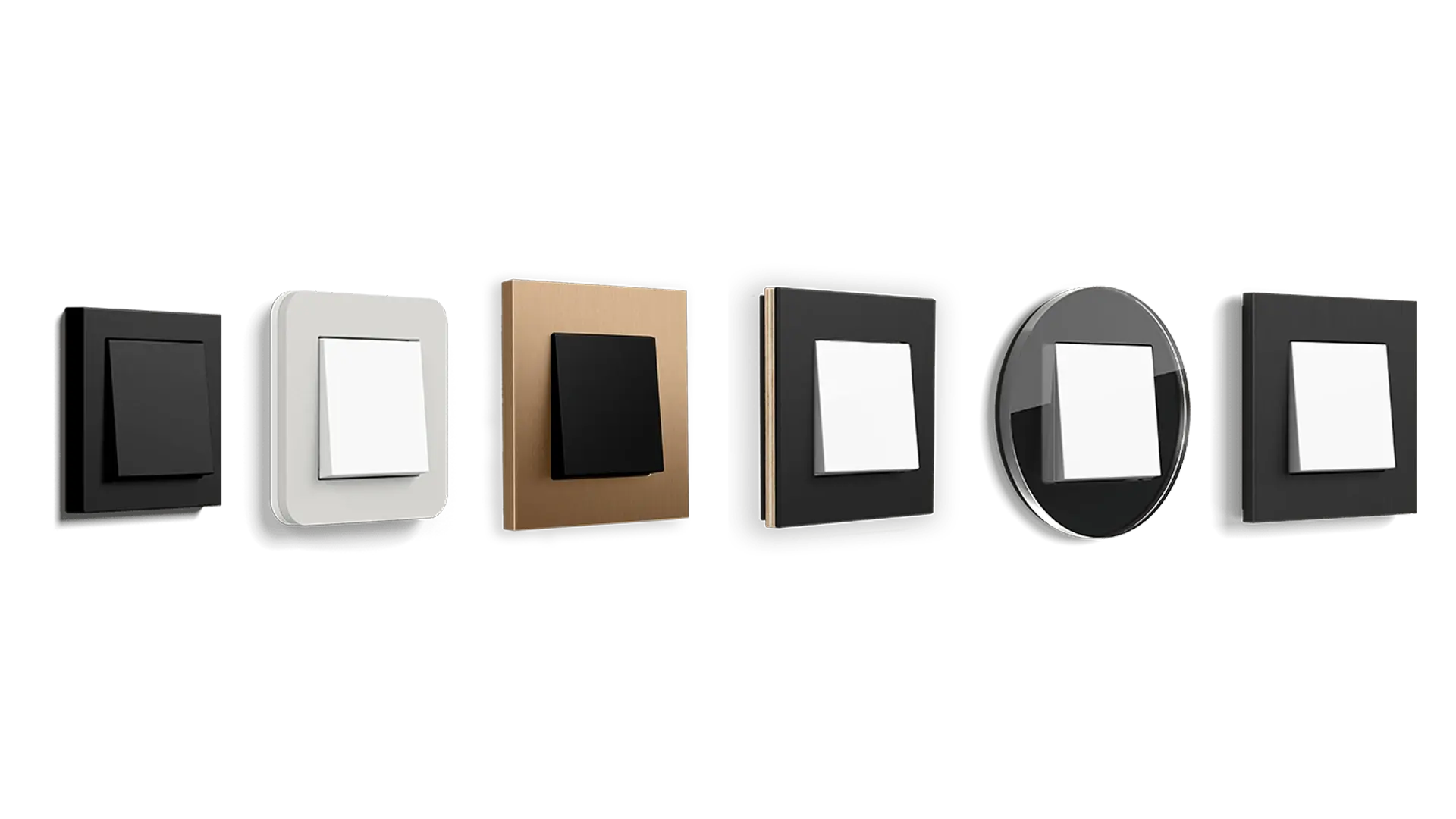 Sieben Rahmen des Gira System 55 nebeneinander in Schwarz, Weiß, Bronze, Holz, Glas und Anthrazit