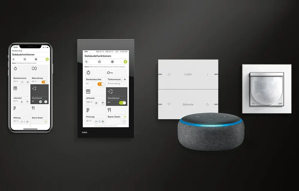 KNX-Geräte im Überblick: Smartphone-App, Bedienpanel, Tastsensor und Präsenzmelder